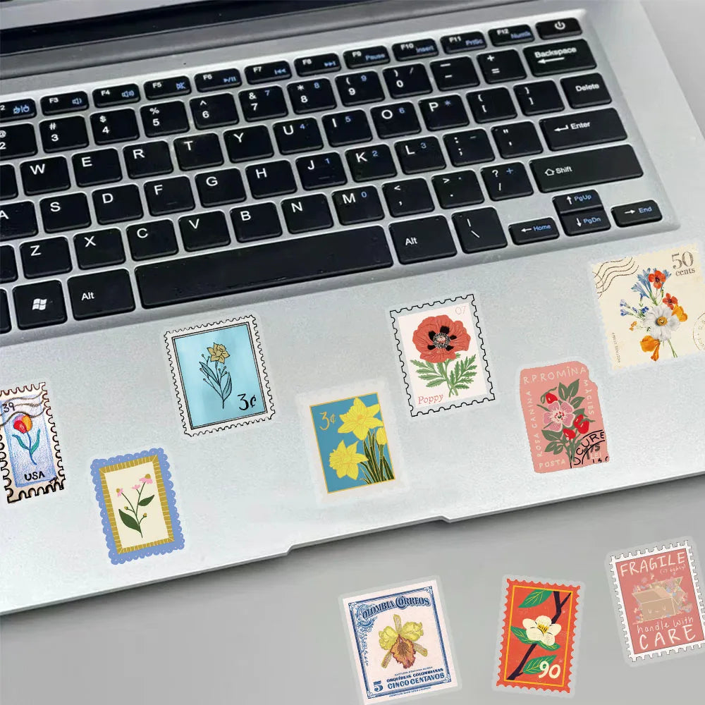 50PCS Creative Flower Stamp PET Waterproof Transparent Stickers Decorative Sunflower Flower Desktop Stickers