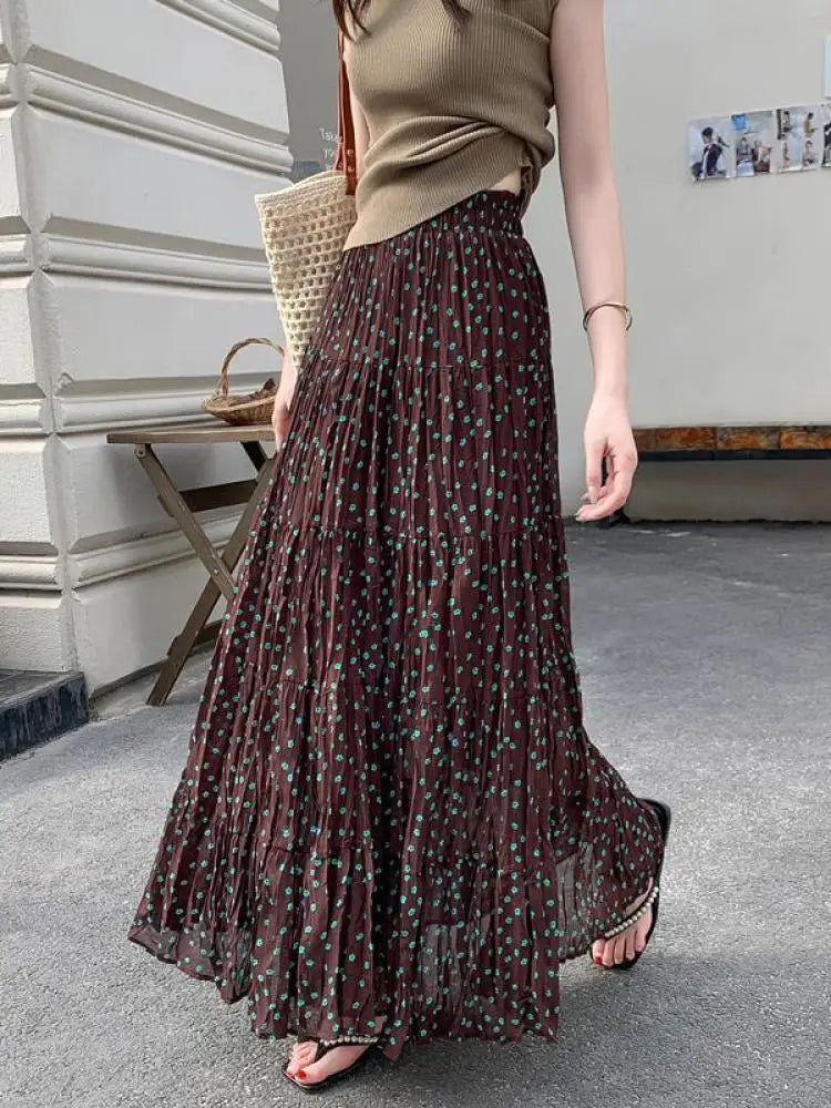 Spring Summer Korean Fashion Brown Dot High Waisted Vacation Long Skirt Women Vintage Elegant Versatile Pleated Skirt Streetwear