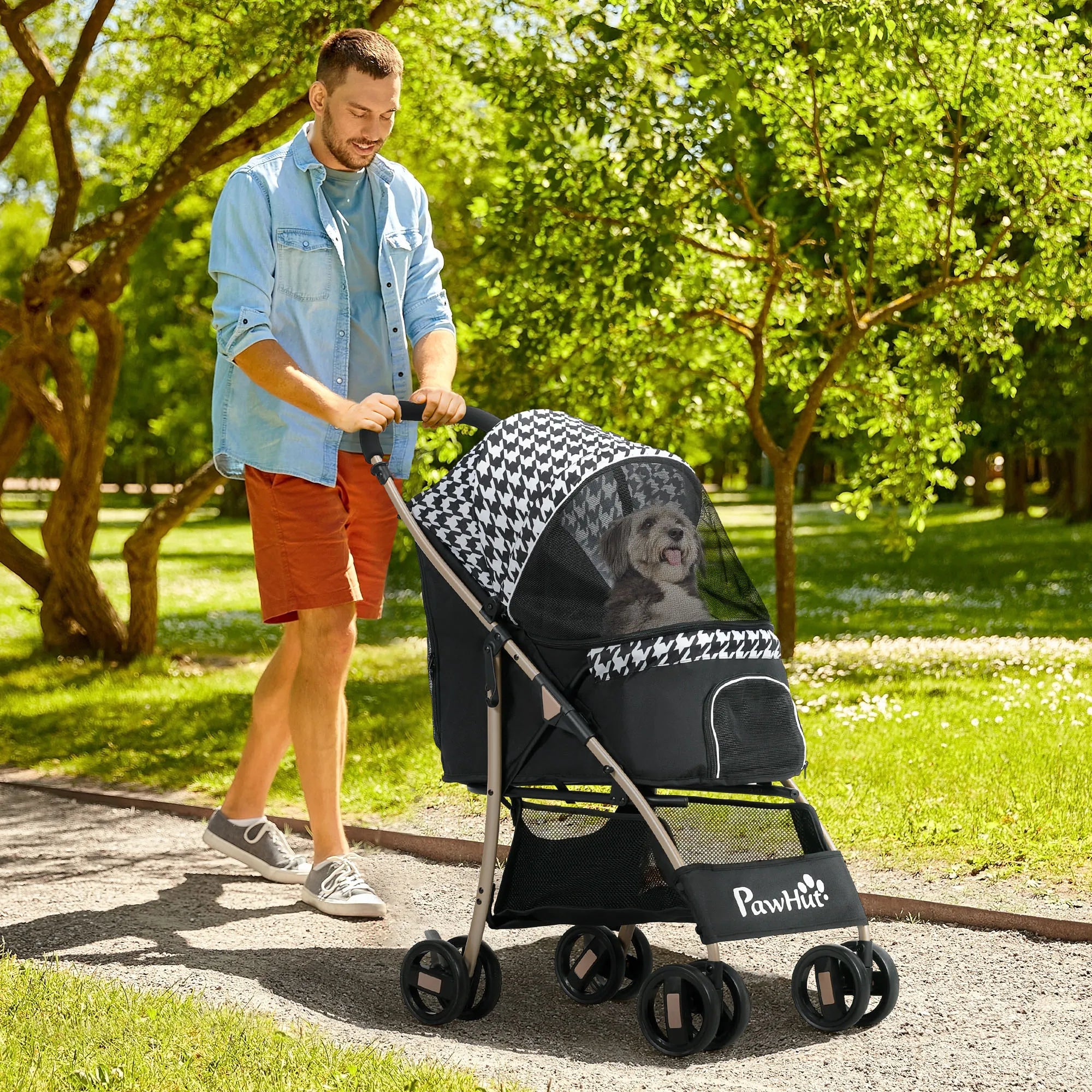 Pawhut Pet Cart with 2 Doors Mesh Window Storage Basket Safety Rope 80X44.5X97 cm Black