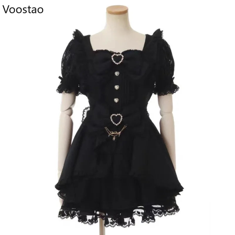 Japanese Sweet Lolita Rhinestone Bow Dress Kawaii Women Y2k - Black