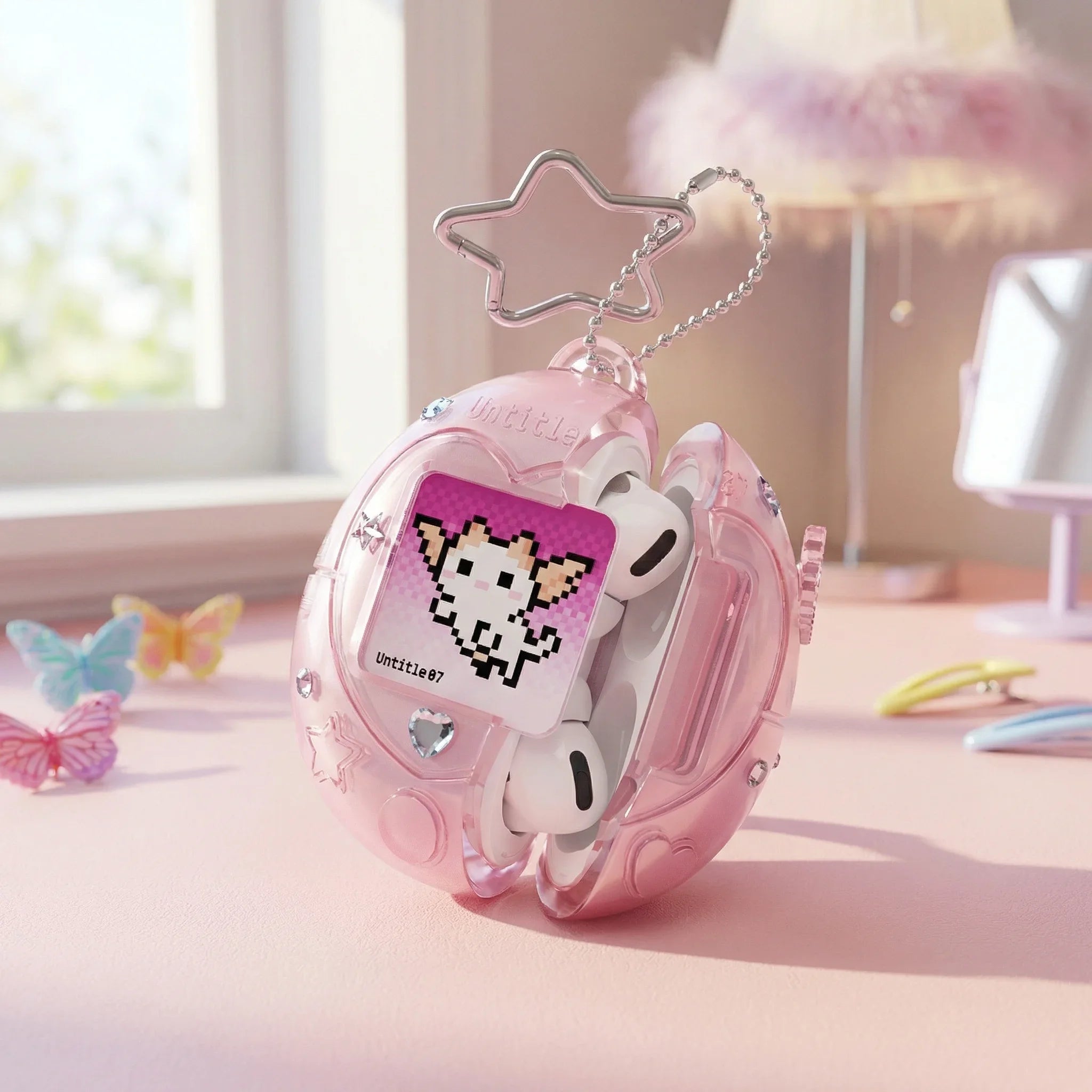 Cute Tamagotchi Airpods Pro 2 1 Case, Star Lanyard Silicone Earphone Storage Bag, Pink Transparent Aesthetic Desktop Ornament