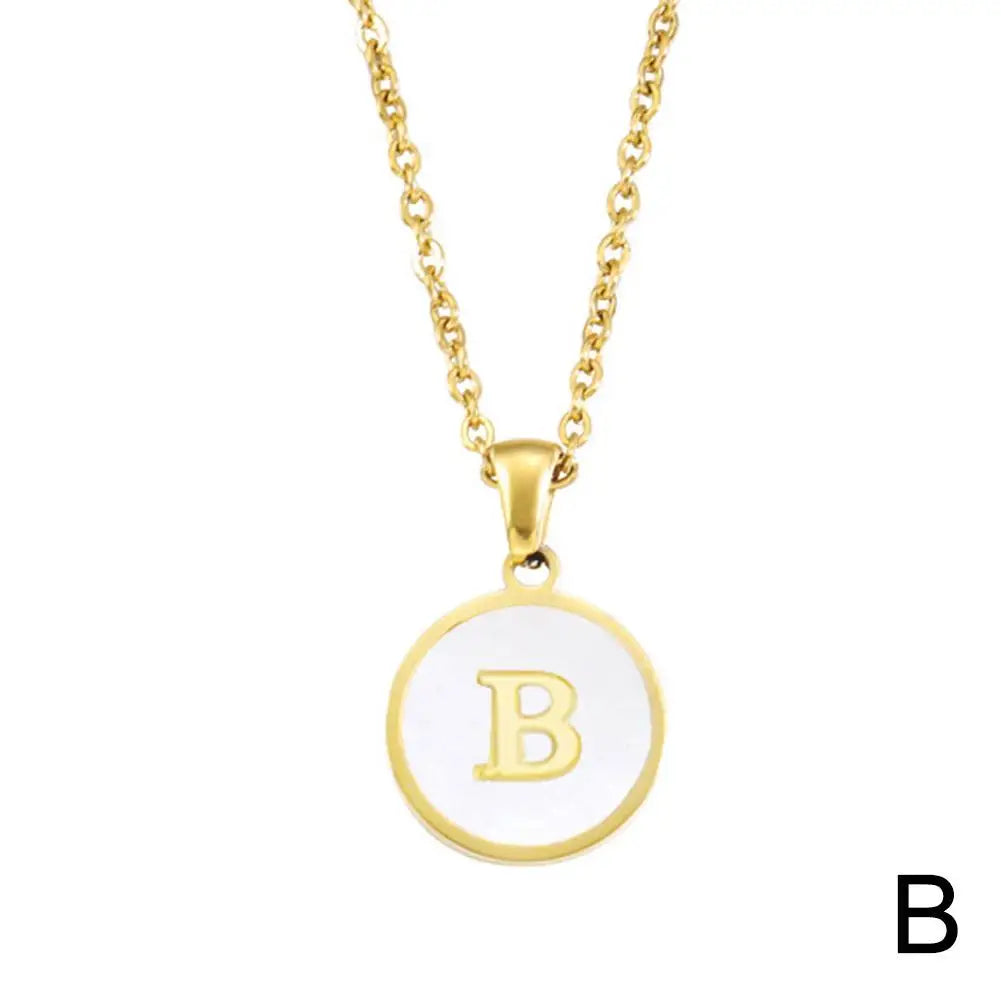 Vintage Initial 26 Letters A To Z White Shell Pendant Necklace Gold Color Steel For Women Men Choker Jewelry Necklace