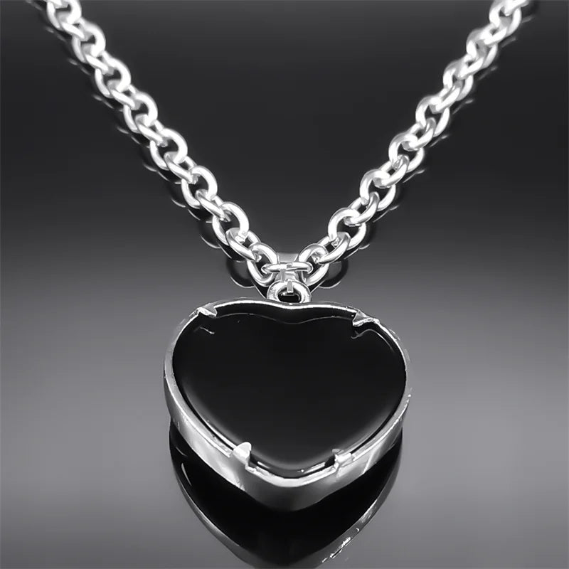 Goth Double Dragon Heart Black Stone Necklace Men Women Stainless