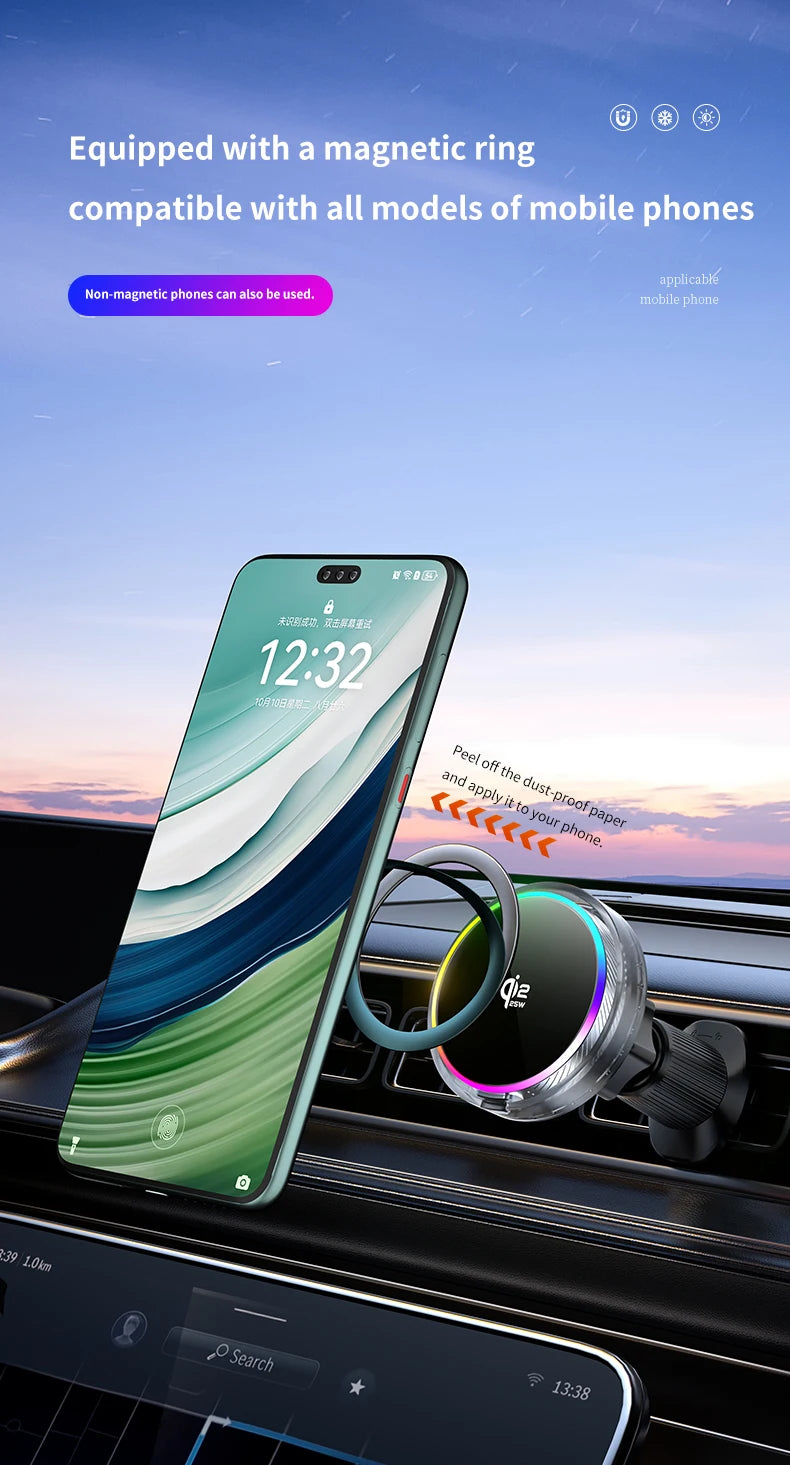 Car Magnetic Wireless Charger Qi2.2 25W Air Cooling RGB Light  Phone Holder For Magsafe iPhone 17 16 15 14 13 12 Fast Charging