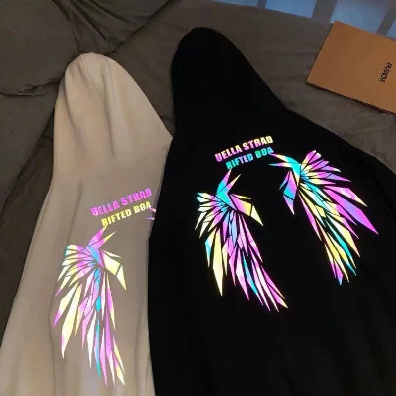 Reflective Male Hoodie Hip Hop Overfit New in No Brand Y2k Vintage Novelty and Simple 90s Tops Fleeced Men's Hooded Sweatshirt