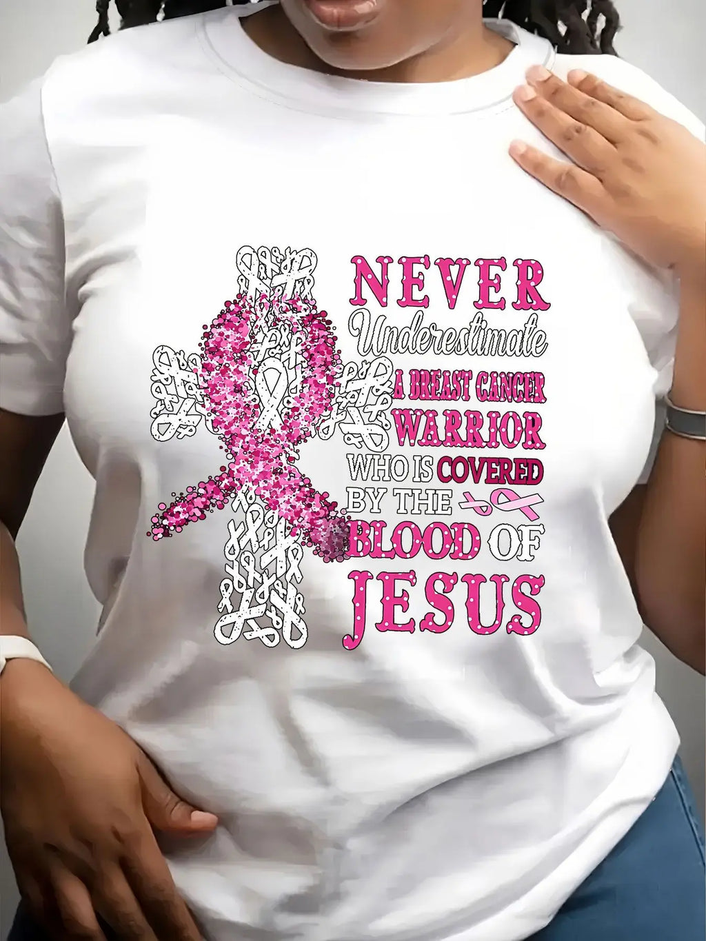 Women's Trendy Crew Neck T-Shirt Pink Ribbon Breast Cancer