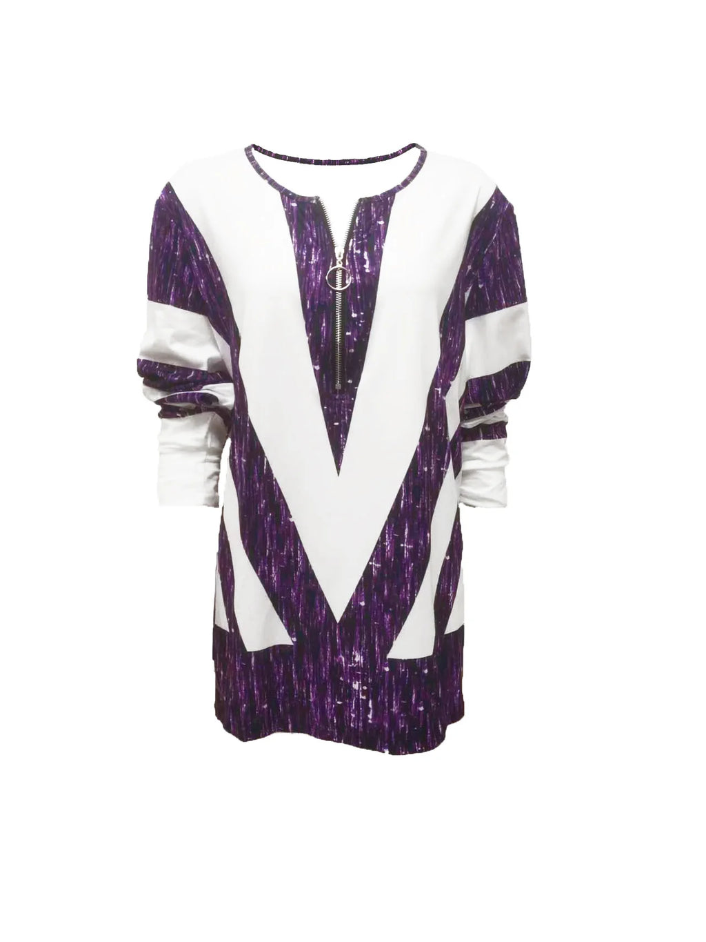 Colorblock Stripe Print Zip Front T-Shirt, Casual Long Sleeve Top For Spring & Fall, Women's Clothing