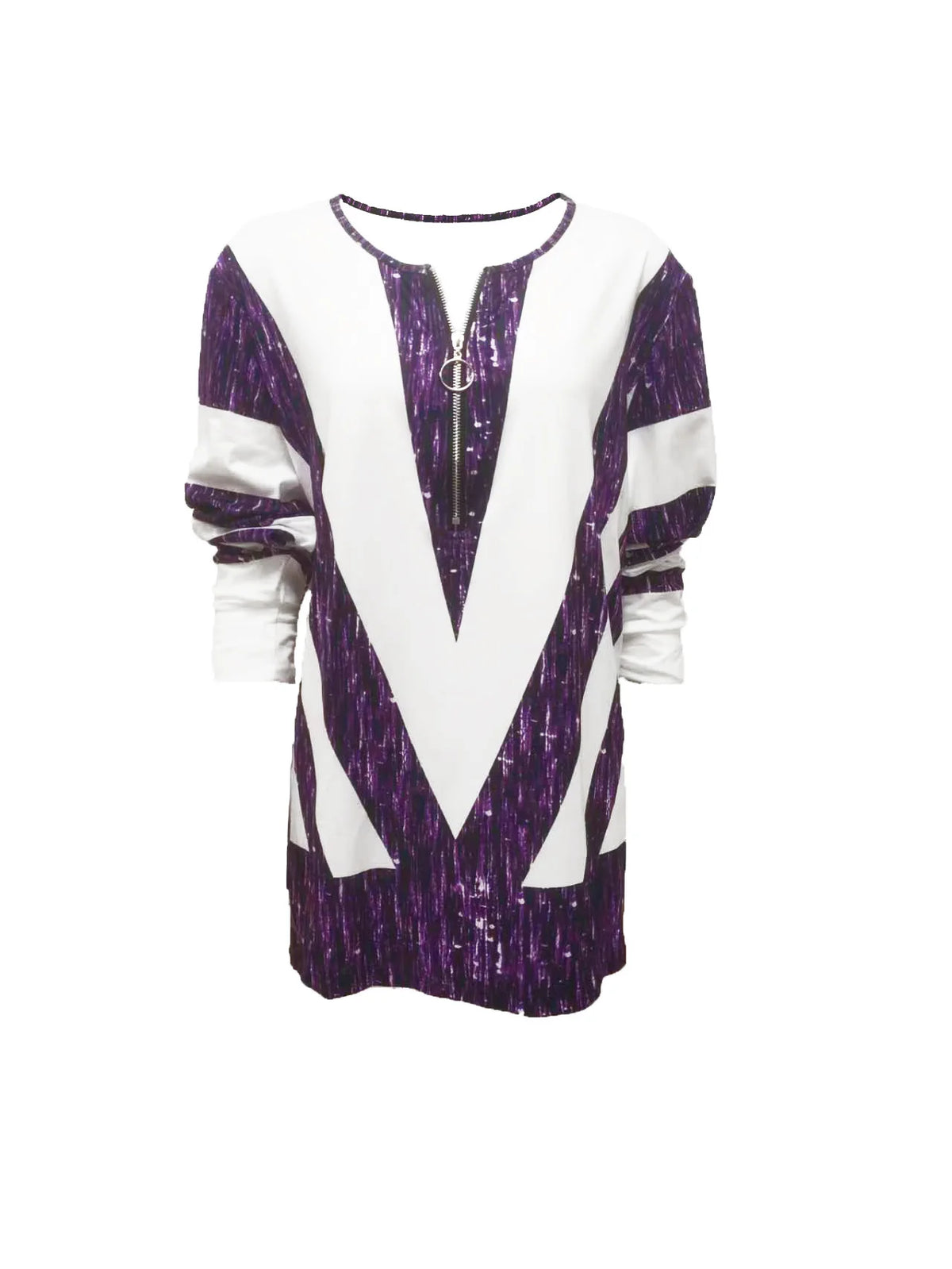 Colorblock Stripe Print Zip Front T-Shirt, Casual Long Sleeve Top For Spring & Fall, Women's Clothing