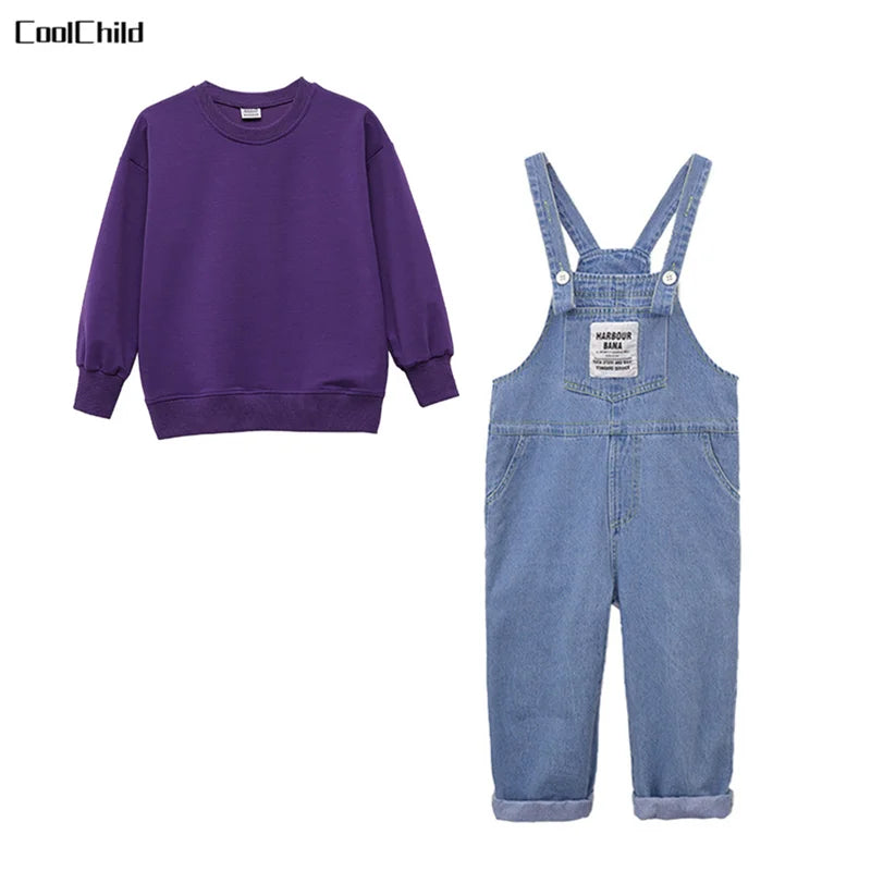 Boys Hip Hop Solid Sweatshirt Denim Loose Overalls Girls Crop Top Kids Dungaree Child Jumpsuit Street Dance Romper Streetwear