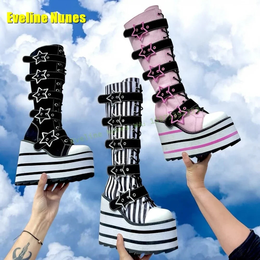 Star Metal Buckle Stripe Y2K Fashion Boots Round Toe Wedges Height
