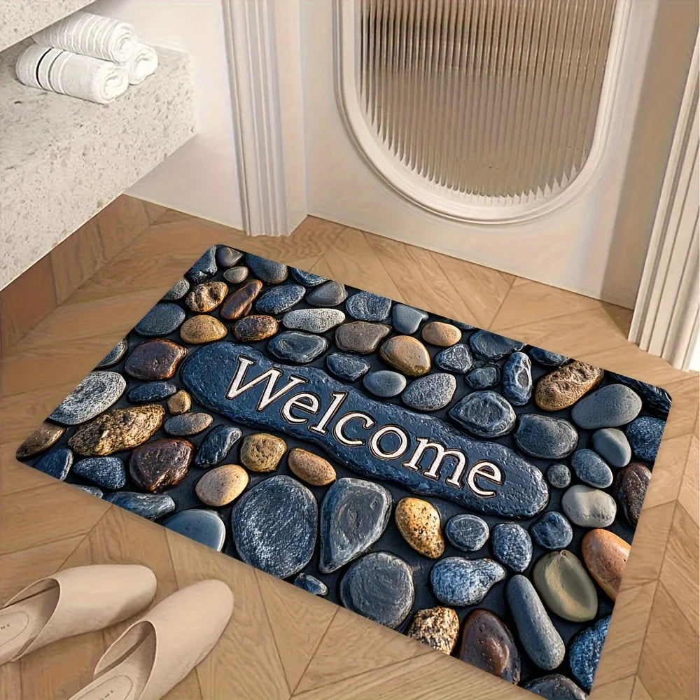 "Welcome on Pebbles" Non-Slip Floor Mat - Indoor and Outdoor Absorbent Foot Mat Suitable for Home Decoration,Durable and Stylish