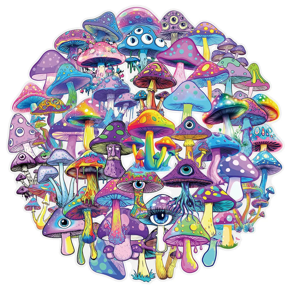 50 Pcs Transparent Iridescent Mushroom Stickers - PET Decorative Decals for Notebooks, Phone Cases, Tablets, Motorcycle