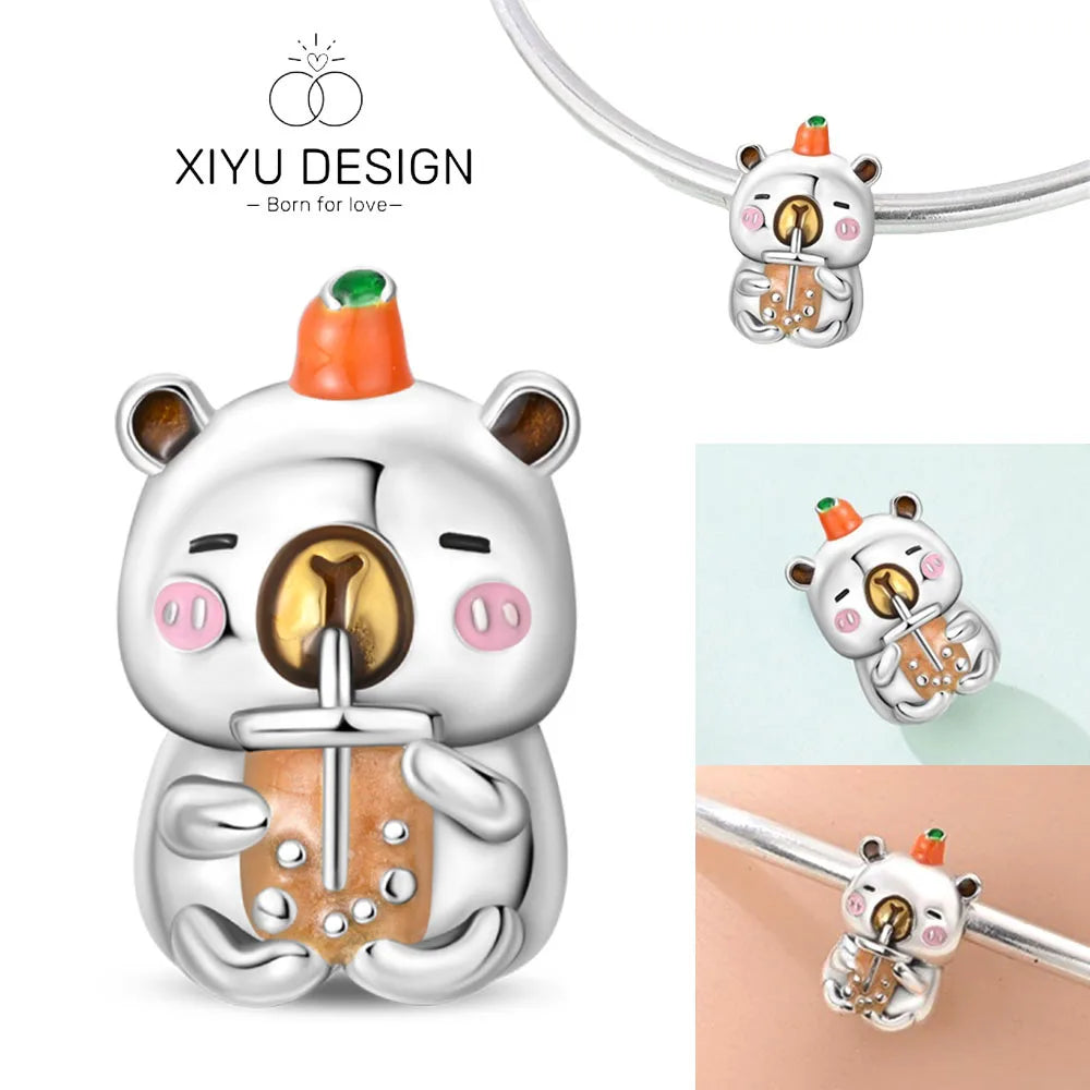 Cute Pet Series Capybara Couples Charms Eat Fruit Beads Fit DIY 925 Silver Bracelet Necklace Women Anniversary Jewelry Gift