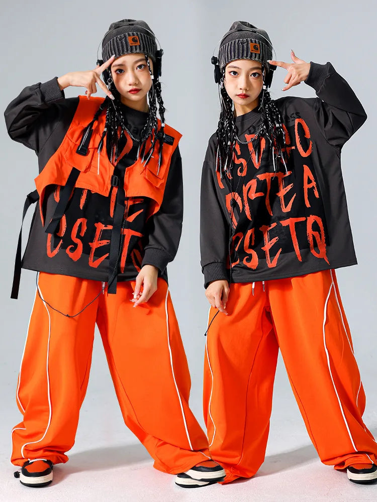 Boys Hip Hop Cool Sweatshirt Vest Cargo Pants Girls Fashion Jazz Street Dance Costume Children Clothes Set Kids K-pop Streetwear
