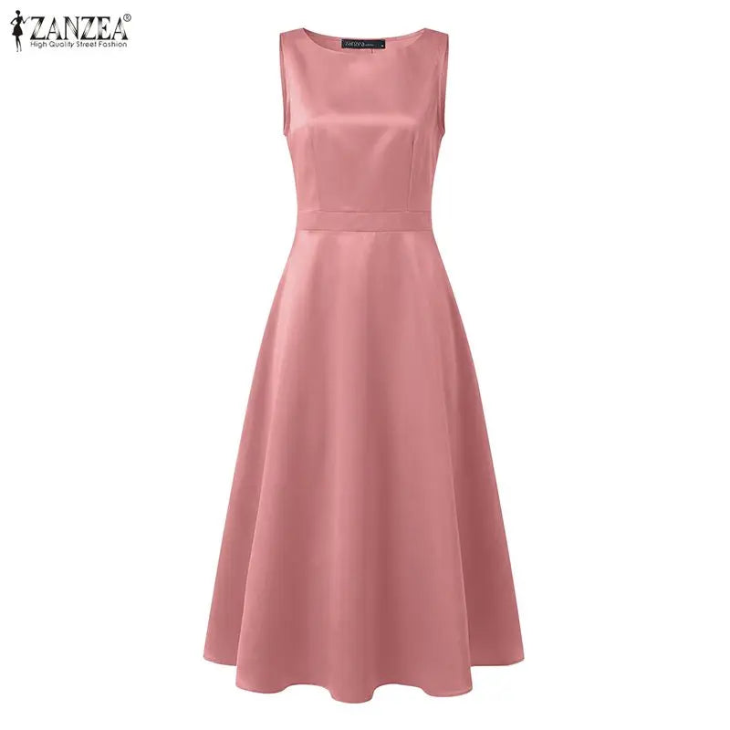 2026 Elegant Party Dress ZANZEA Stylish Women Satin Dress Summer Sleeveless OL Work Midi Dresses Solid A Line Waisted Sundress