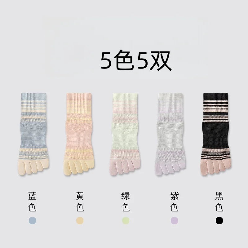 100% Cotton Five Toe Socks for Women - Breathable Striped Crew Socks, Comfy No Blister Toe Socks for Daily Wear