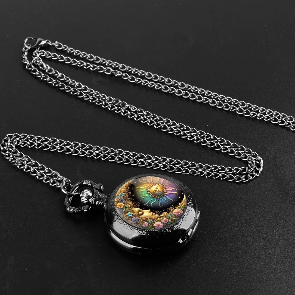Sun and Moon Goddess Quarzt Pocket Watch with Chain