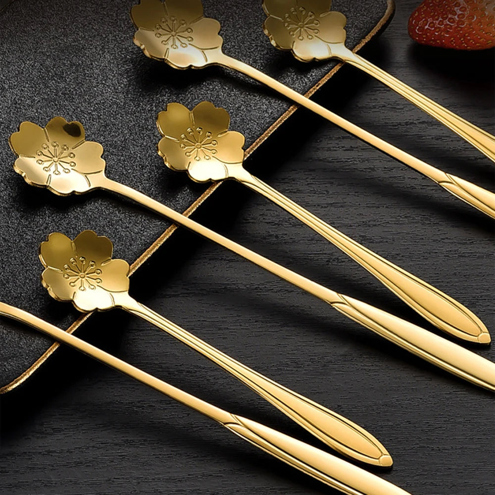 Flower Shape Coffee Spoon Gold Stainless Steel Dessert Spoon Ice Cream Scoop Tableware Kitchen Accessories