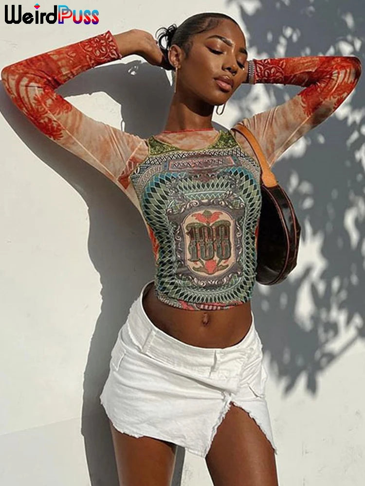 Weird Puss Dollar Print Women Long Sleeve Crop Tops Y2K Fashion