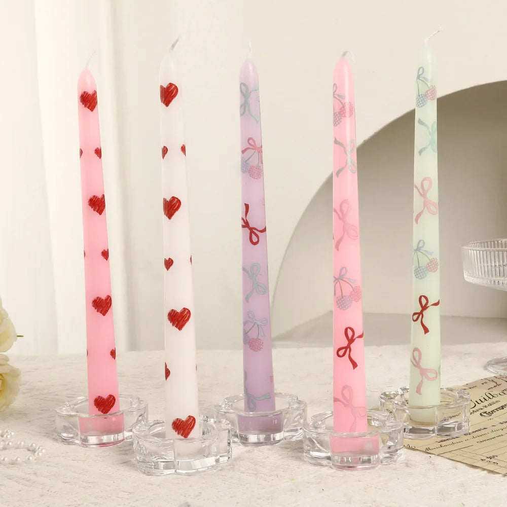 2pcs Colorful Printed Cherry Cone Stick Candles, Smokeless, Romantic, for Weddings, Valentine's Day, Heart-shaped Stick Candles