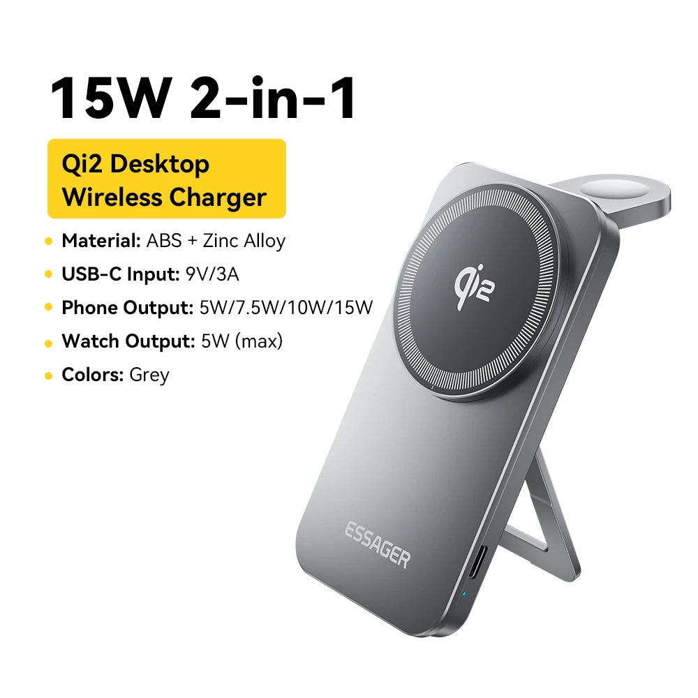 Essager Qi2 Magnetic Wireless Charger 15W 2 in 1 Foldable Fast Charging Station Holder for ihone 16 15 14 IWatch Ultra Airpods