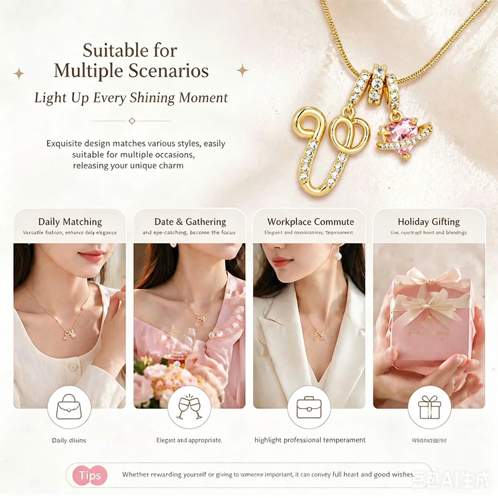 Pink Zircon Heart Letter Necklace, Gold Plated