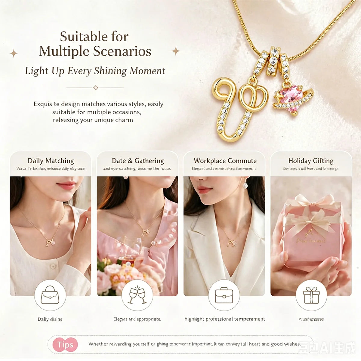 Pink Zircon Heart Letter Necklace, Gold Plated