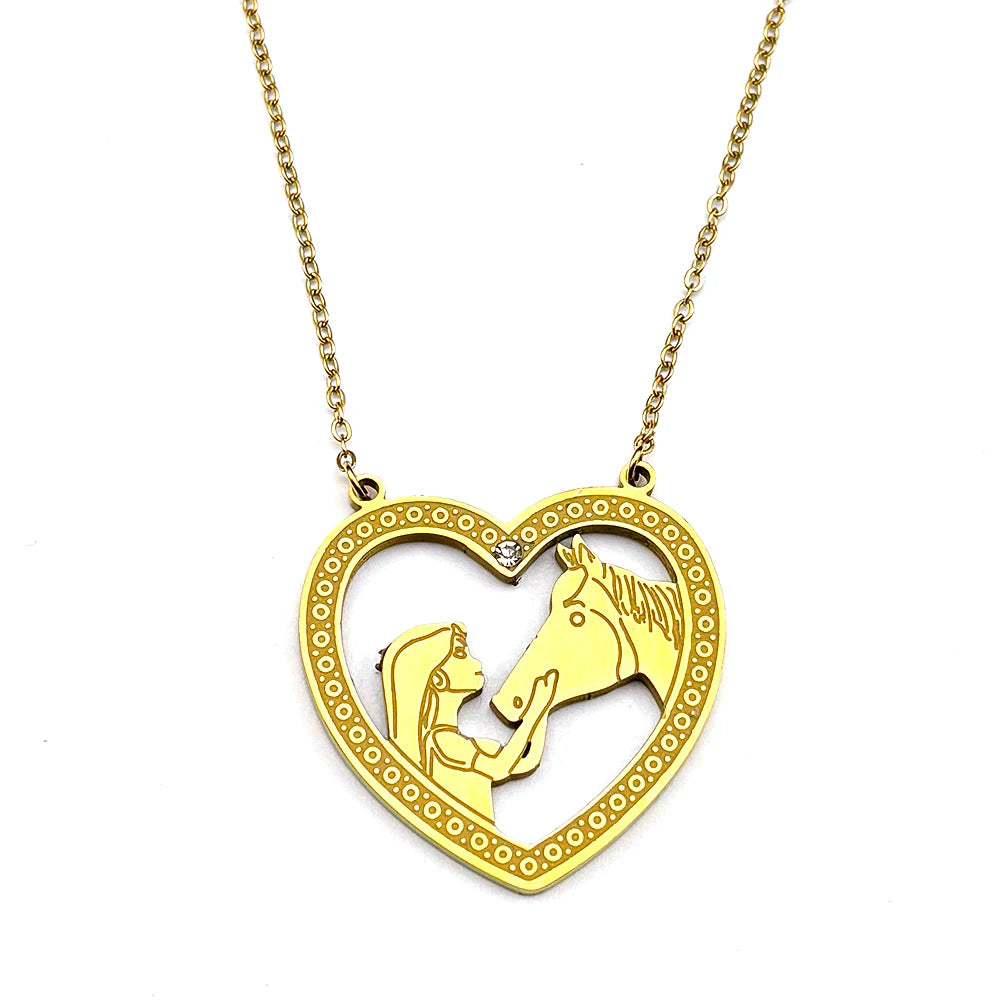 Girl Princess Horse Heart Chain For Women Men Stainless Steel Gold Color Pony Love Animal Fashion Pendant Necklace Jewelry Gifts