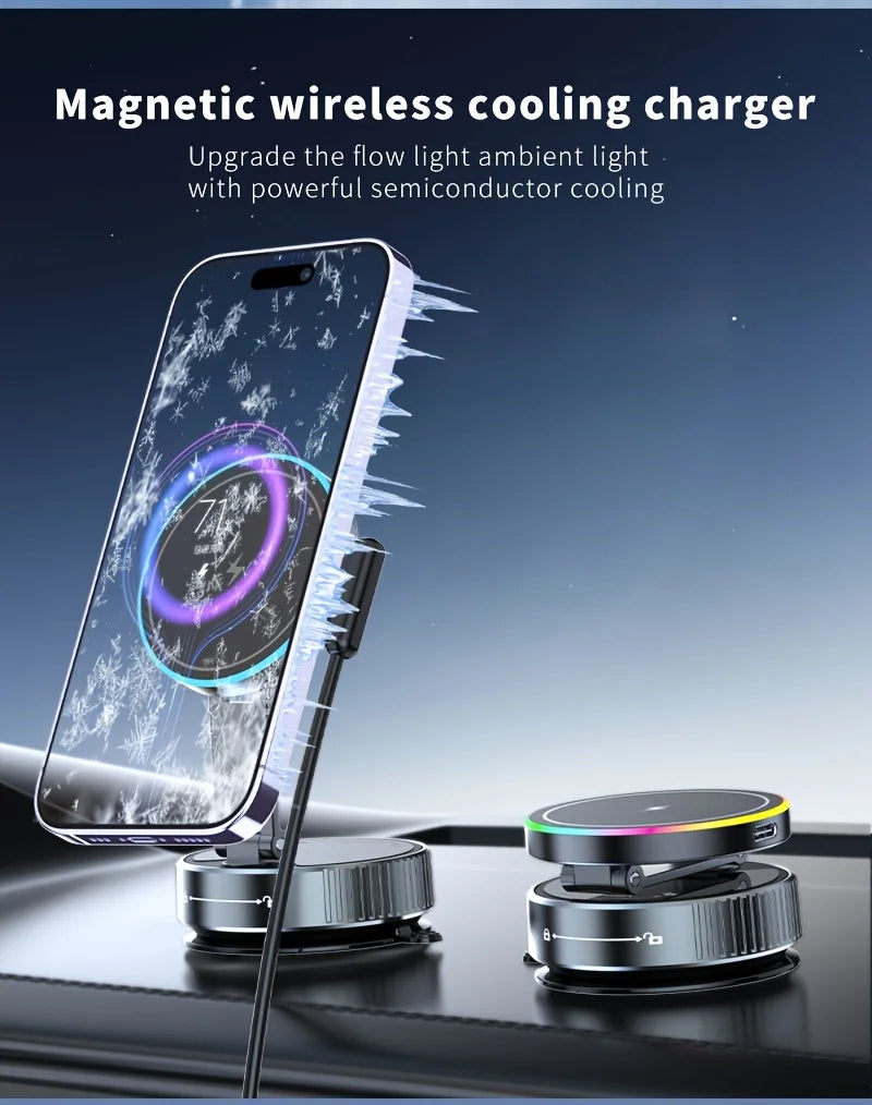 Magnetic Car Wireless Charger RGB Light Phone Holder Stand 360° Rotate Vacuum Suction Cup For Magsafe iPhone 12-16 Fast Charging