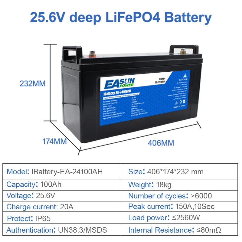 Easun Power Lifepo4 Battery 24V 100Ah Grade A 25.6V