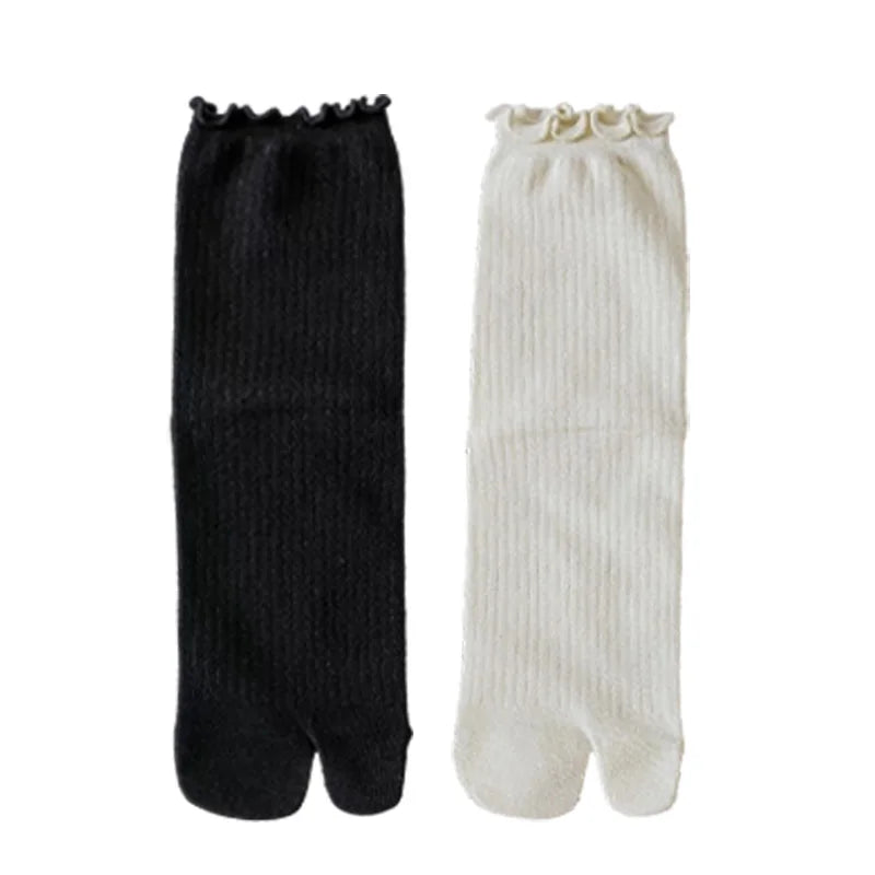 Japanese Ruffled Edge Cotton Split Toe Socks Solid Color Two-Toed Sock Unisex Harajuku Simple Tabi Socks High Elastic Hosiery