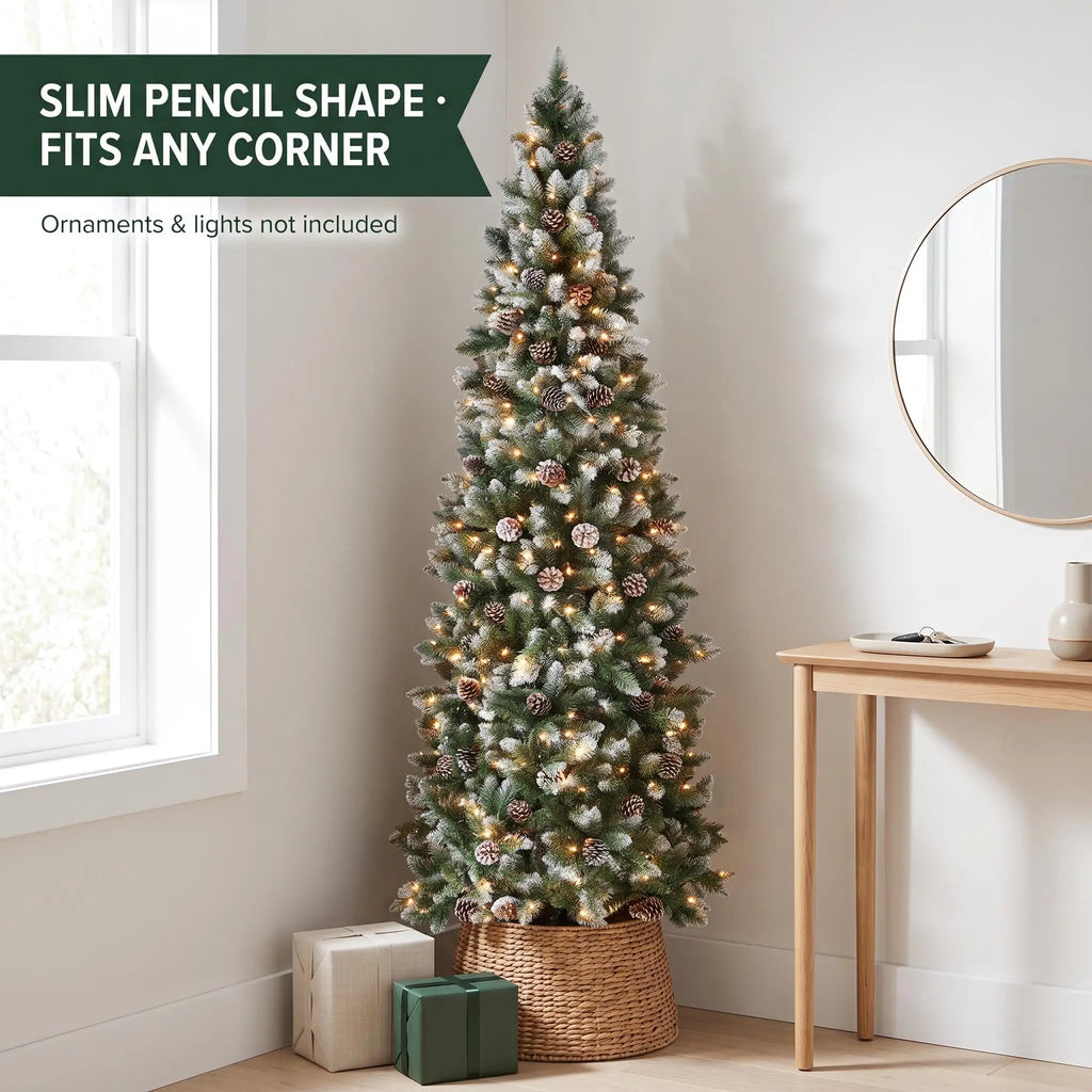 9FT Pre-Lit Slim Pencil Christmas Tree with Pine Cones