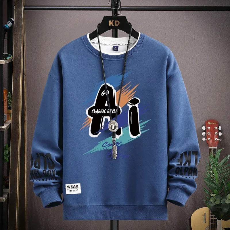 Autumn Men's Sweatshirt Trendy Printed Long Sleeve T-shirt Fashion Men's Clothing Khaki O Neck Harajuku Exclusive Design Top New