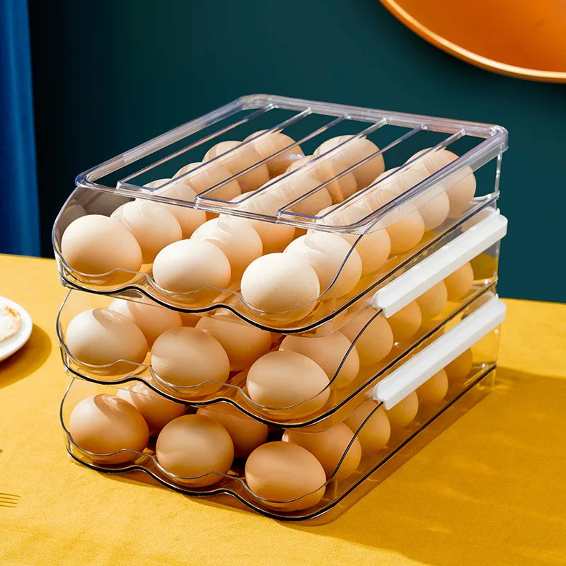 Automatic Slide Egg Storage Box Transparent Drawer, Stackable Rolling Eggs Rack Egg Tray Holder Basket, Kitchen Fridge Organize