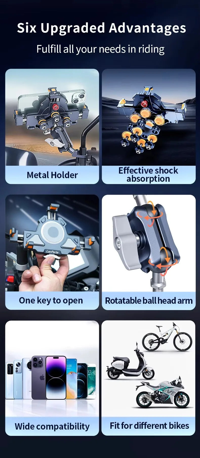 Metal Shockproof Motorcycle Phone Holder 4 Vibration Dampener 15W Wireless Charger Fast Charging Motorbike Bicycle Bike Stand