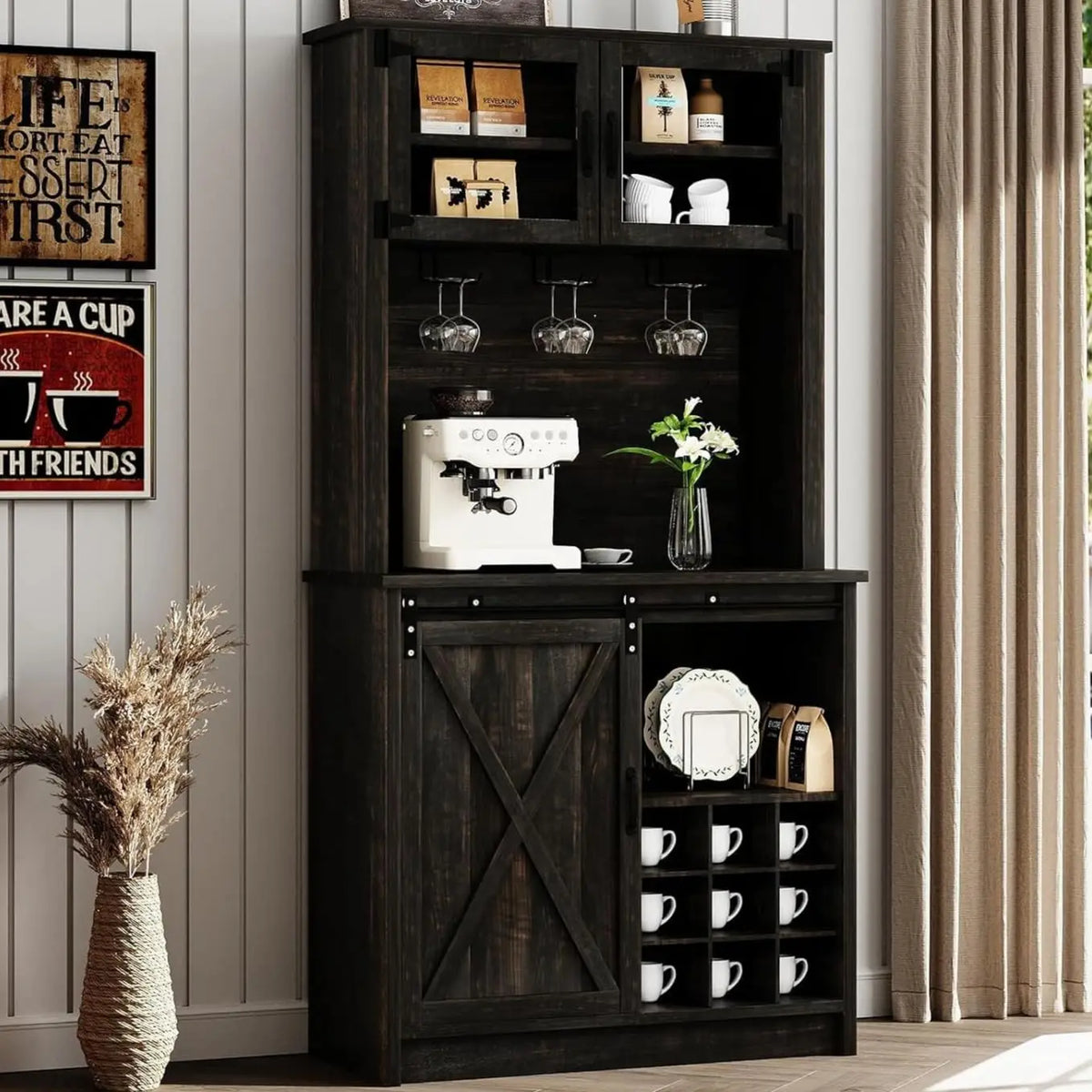 Farmhouse Coffee Bar Cabinet with Storage Kitchen Cabinets Wine