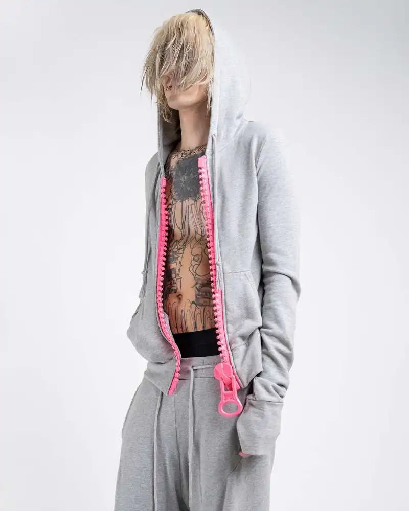 American fashion trend solid color oversized hoodie women's Y2K street Harajuku loose oversized zipper multi pocket hoodie