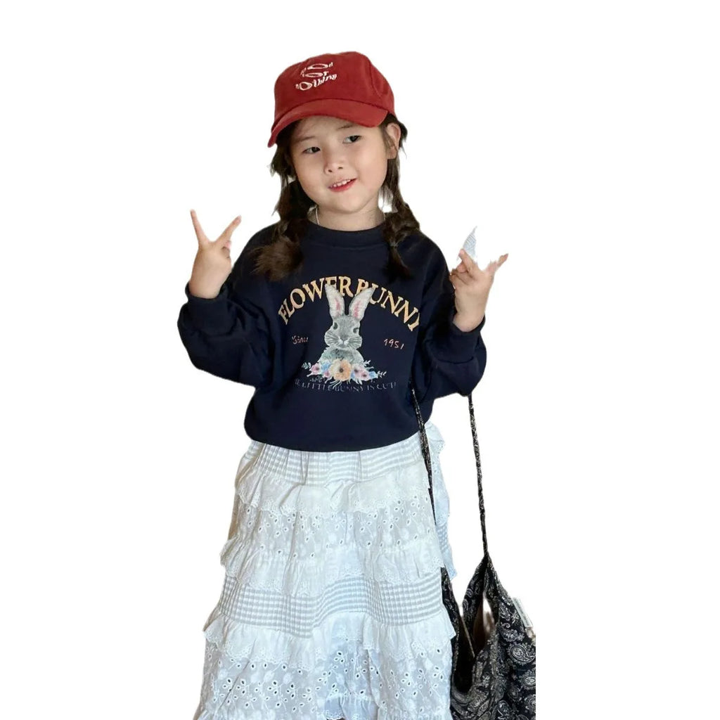 Korean Girls 2024 Navy Blue Cute Rabbit Sweatshirt+ White Lace Cake Skirt Girl 2pcs Cotton Set Fashion Baby Spring Autumn Outfit