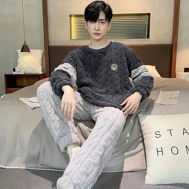 Men's Winter Jacquard Weave Flannel Pajamas Set Coral Fleece Cartoon Sleepwear Homewear Thick Warm Male Suit Fall Sweatshirt 5XL