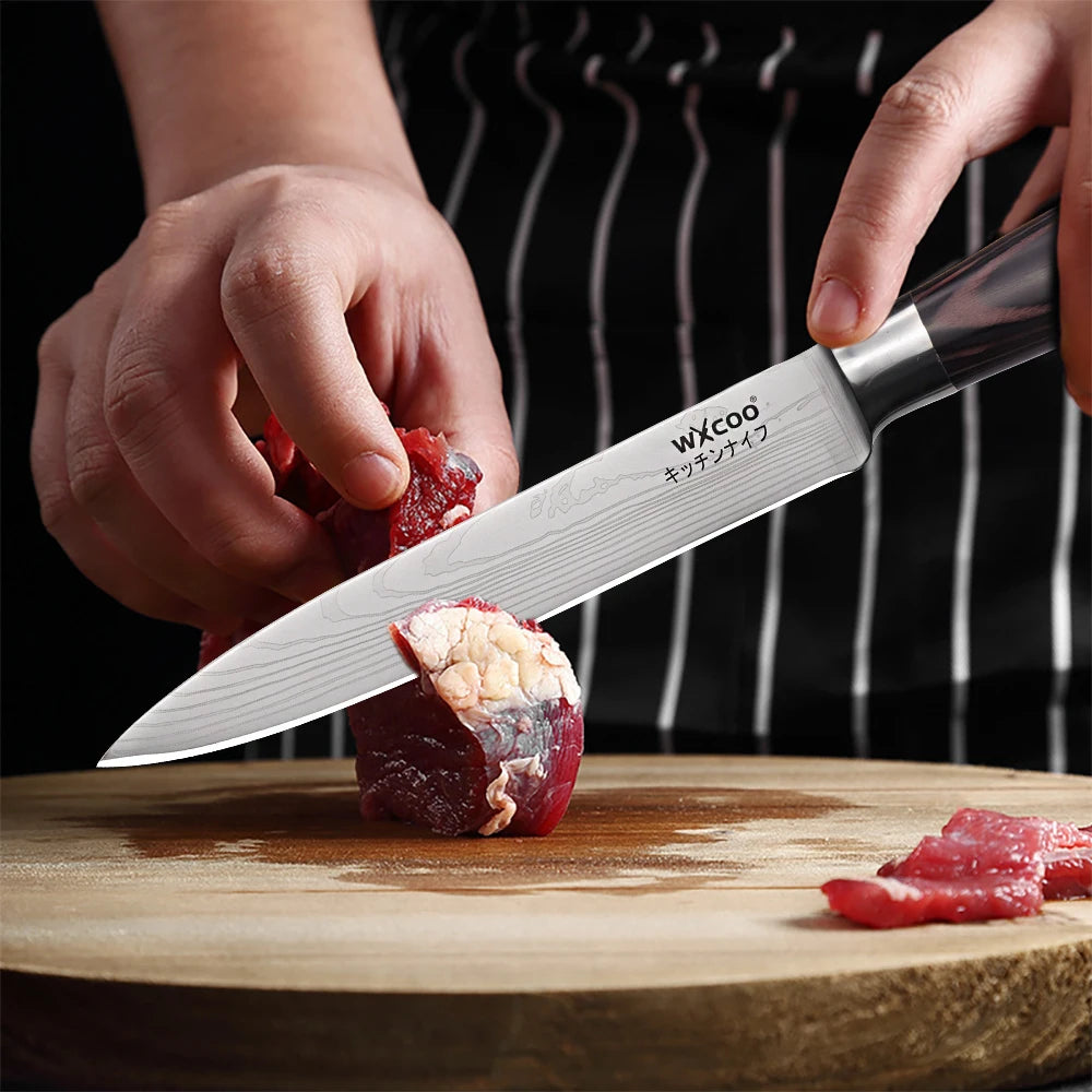 WXCOO Japanese Knife Set with Knife Bag Kitchen Knives Damascus Laser Fish Fillet Meat Cleaver Fruit Peeler Santoku Cutter