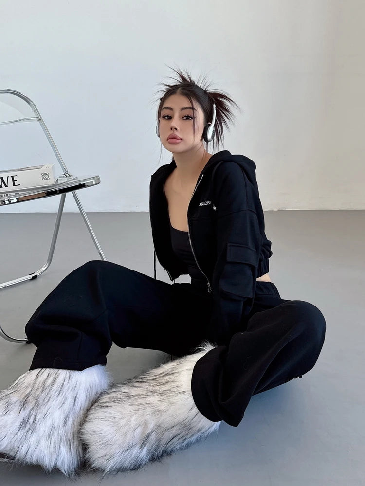 WOMENGAGA Short Zipper Sweatshirt Large Pocket Wide Leg Pants Two Piece Casual Plush Set For Winter Women Fashion Sweet 2PTB