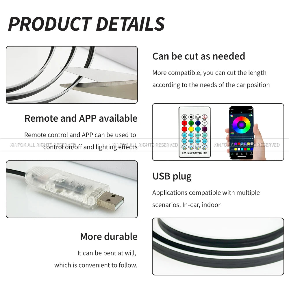 43.31 inch Streamer Car Ambient Lights RGB 64 Color Universal LED Interior Hidden Under Acrylic Strip Symphony Atmosphere Lamp