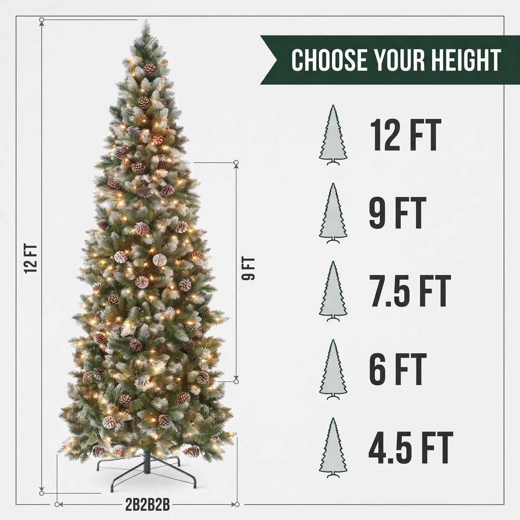 9FT Pre-Lit Slim Pencil Christmas Tree with Pine Cones