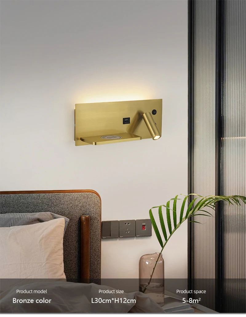 Multi Functional Wall lamp with Mobile phone Wireless charger switch USB interface Bedroom Night light LED Reading wall light