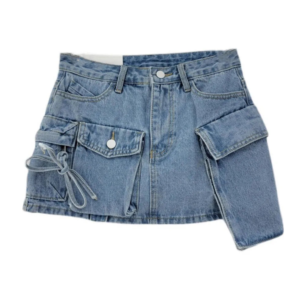 Y2K Low Waist 3D Pockets Mini Denim Skirt with Shorts Lining Sexy