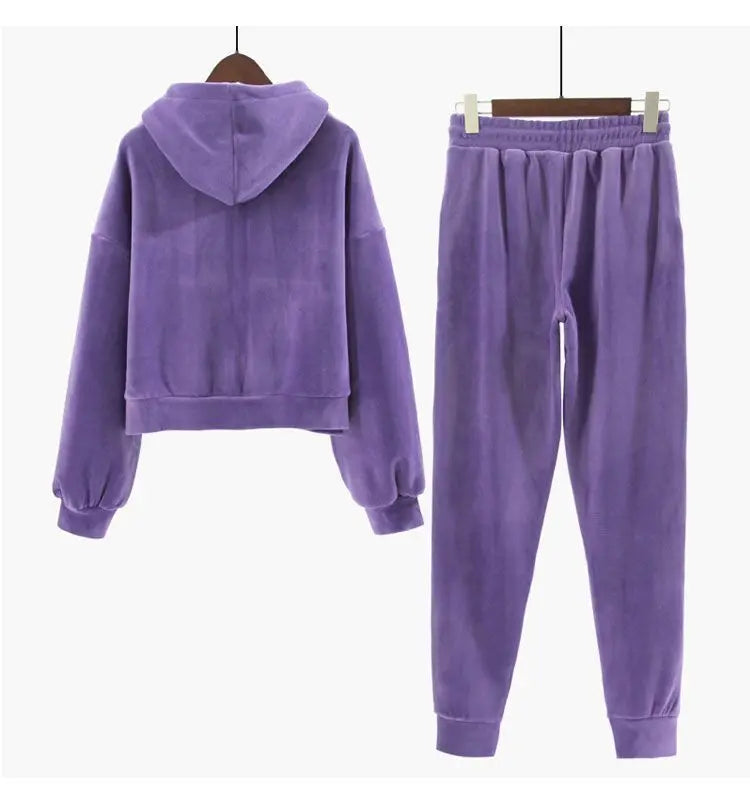 Thickened Gold Velvet Long Sleeved Hooded Sweatshirt with Lace Up Leg Ties Two Elegant Women's Pants Set Tracksuits