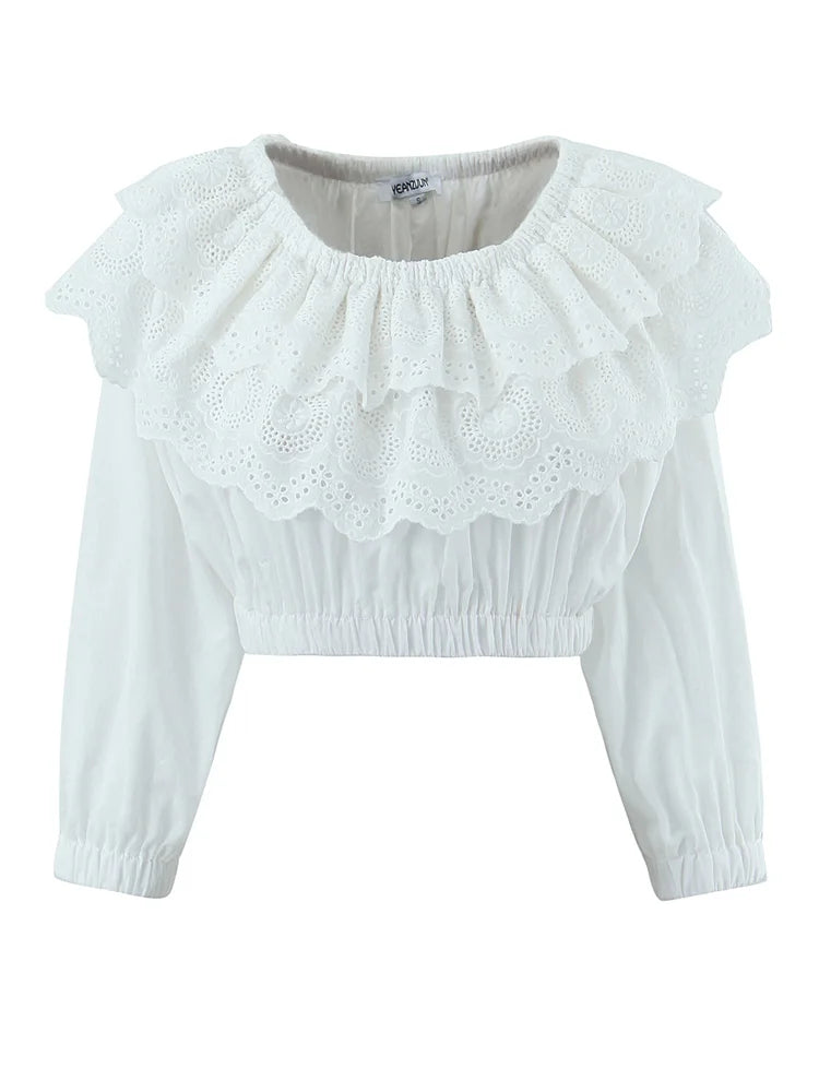 2 Pieces 1 Set Sexy Women Ruffles Elastic Shoulder Embroidery Hole Cotton Crop Top Shirt Elastic Waist Wood ears Mini Skirts