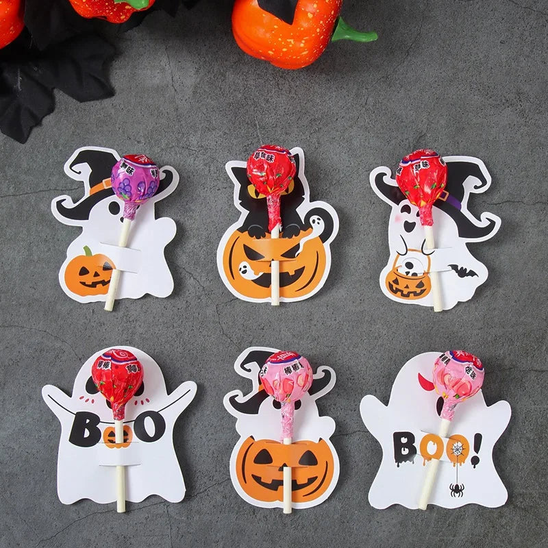 48pcs Ghost Lollipop Holder Happy Halloween Lollipop Cute Decoration Paper Card Trick Or Treat Candy Pack Halloween Party