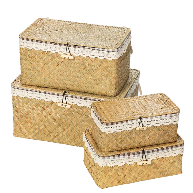 Wicker Basket with Lids Nautral Seagrass Storage Box Basket Woven Rectangular Bins Container Rattan Storage Kitchen Organizer