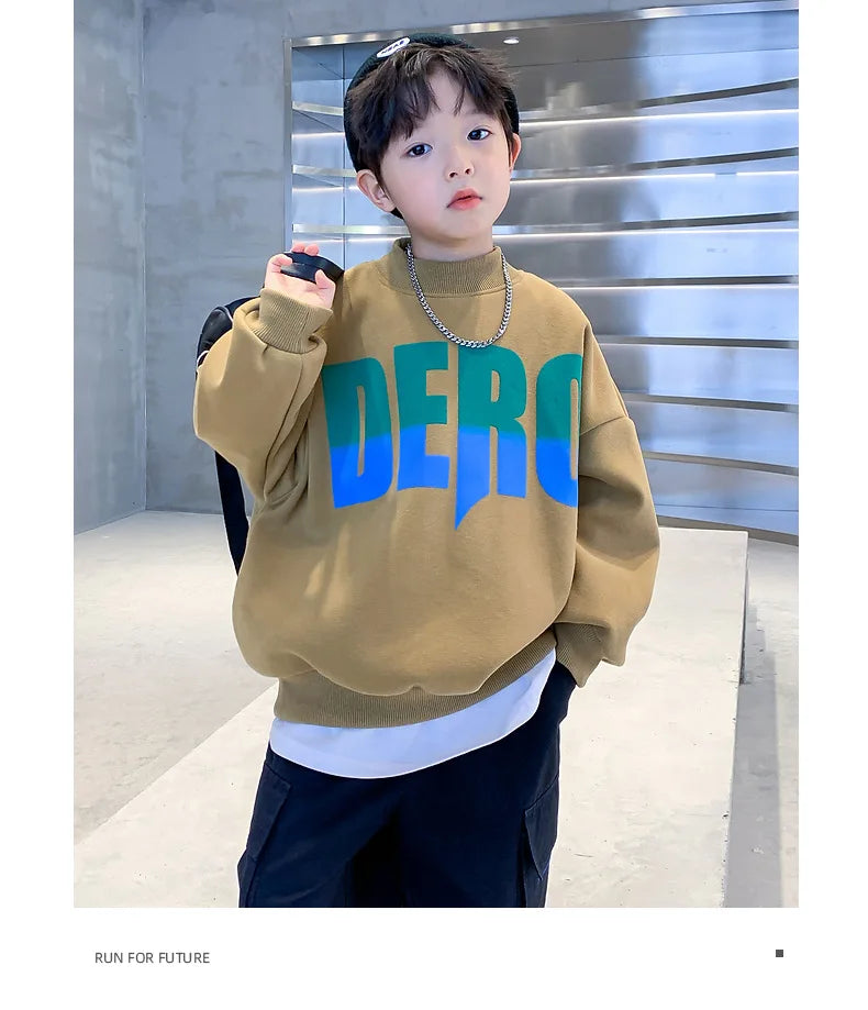 Winter Boys Warm Fleece Lined Half Turtleneck Alphabet Sweatshirt School Kids Track Pullover Coat Tops Child Work Jumper 3-16Yrs